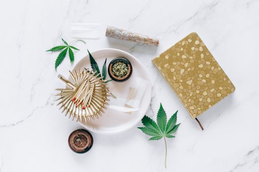 Cannabis leaves and related items neatly arranged on a marble tabletop, showcasing a lifestyle concept.