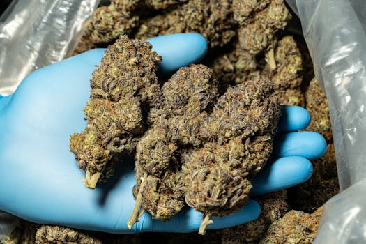 Detailed view of cannabis buds being held in a blue gloved hand, showcasing texture and quality.