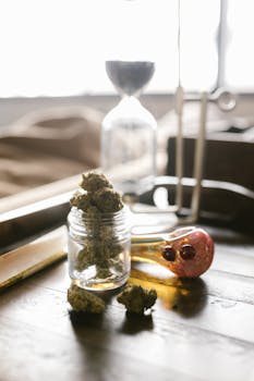 A close-up of cannabis buds in a jar with a glass pipe on a wooden surface.