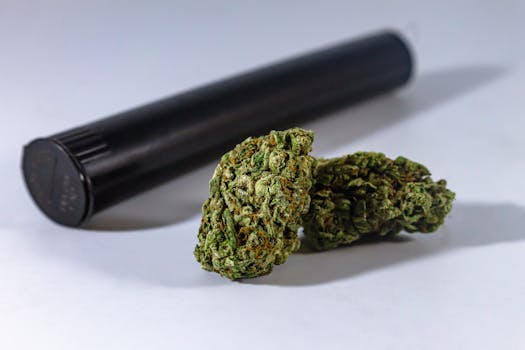 Close-up of marijuana buds with a black storage container, ideal for medical or recreational use.