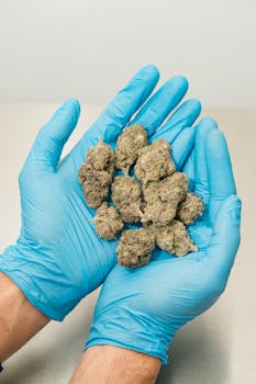 Closeup of blue gloved hands holding cannabis buds on a neutral background.