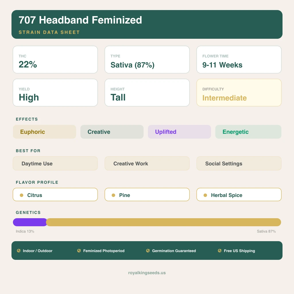 707 Headband 13% indica / 87% sativa flower with visible trichomes