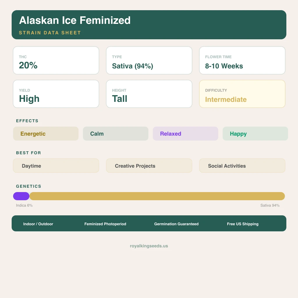 Alaskan Ice 6% indica / 94% sativa flower with visible trichomes