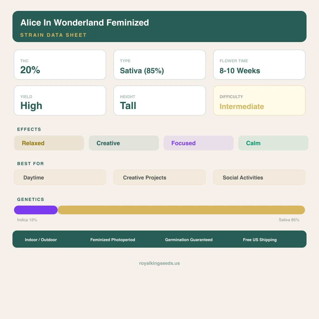 Alice In Wonderland 15% indica / 85% sativa flower with visible trichomes
