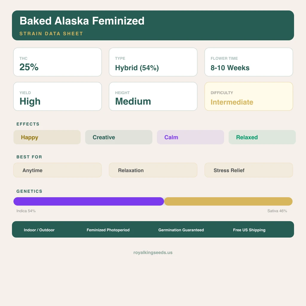 Baked Alaska 54% indica / 46% sativa flower with visible trichomes