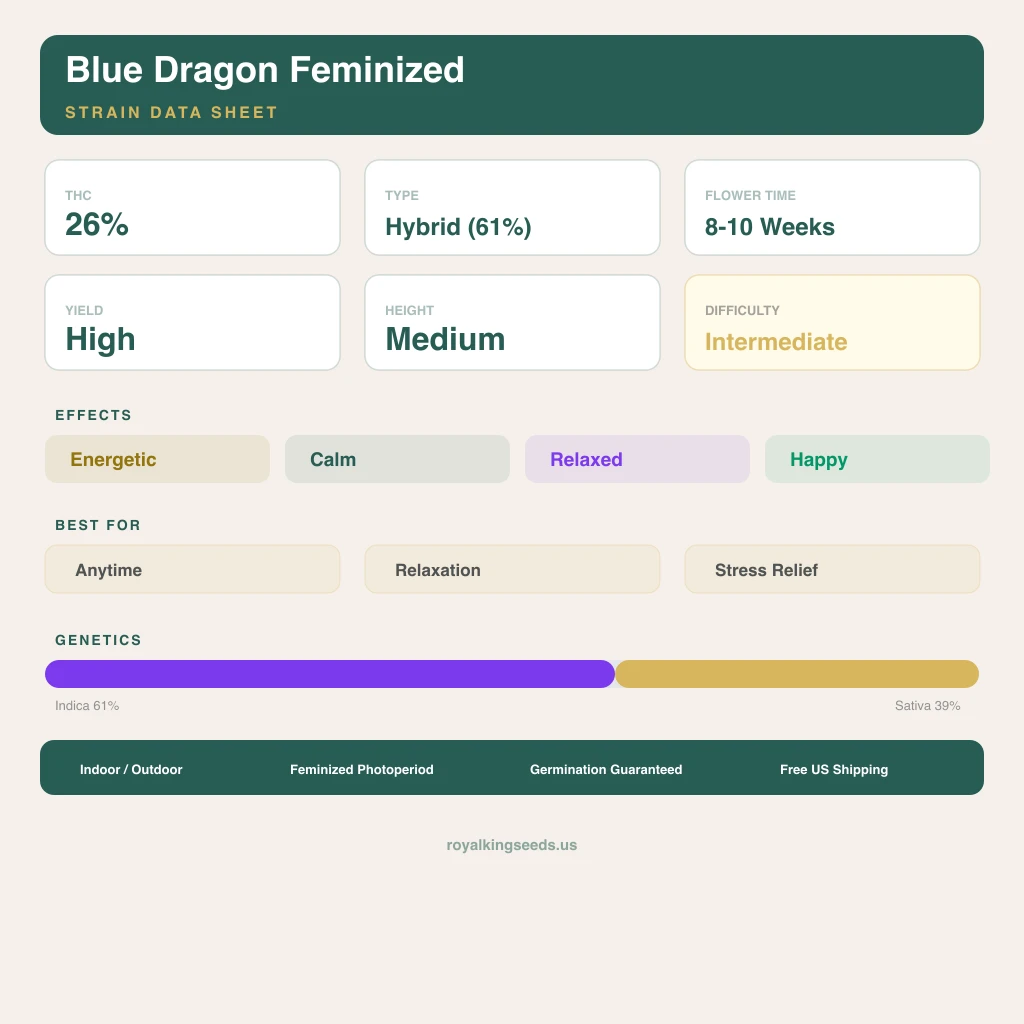 Blue Dragon 61% indica / 39% sativa flower with visible trichomes