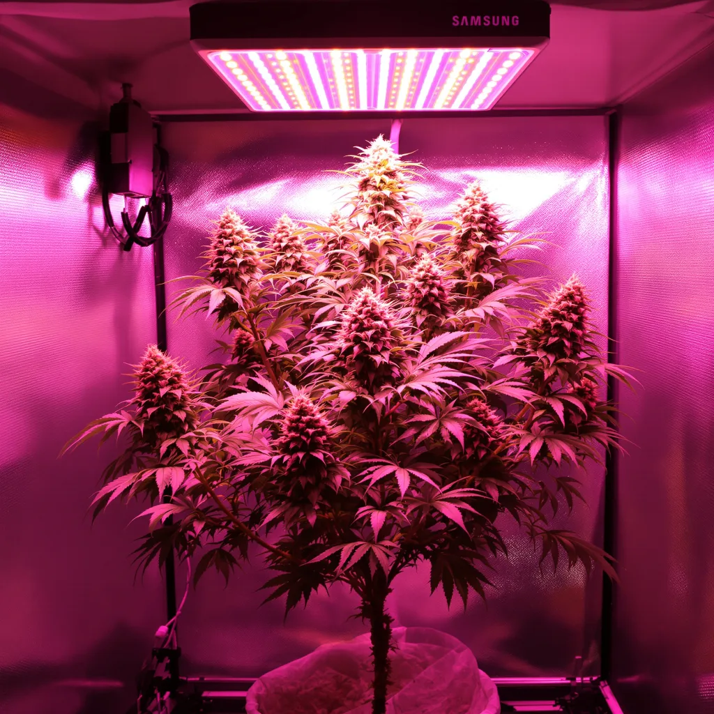 Blue Kush cannabis bud close-up showing balanced bud structure with frosted trichomes