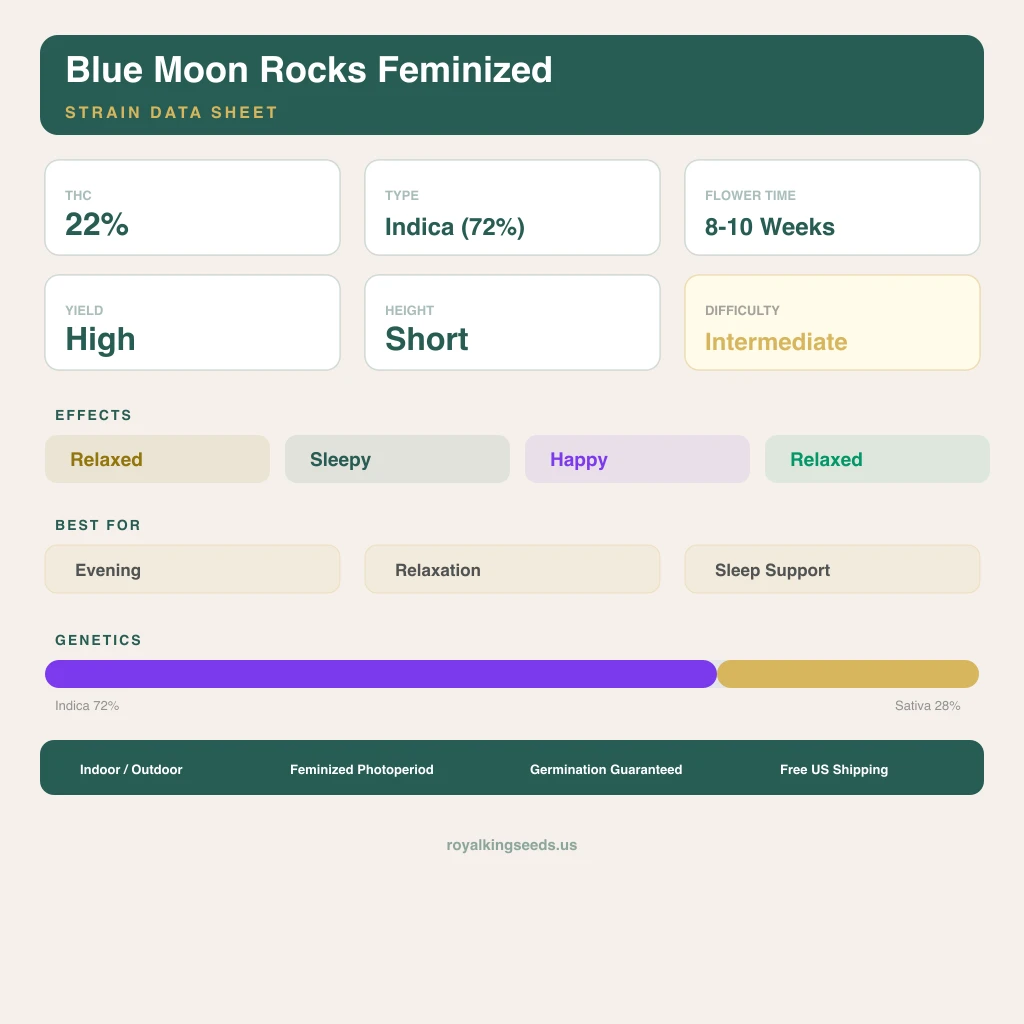 Blue Moon Rocks 72% indica / 28% sativa flower with visible trichomes