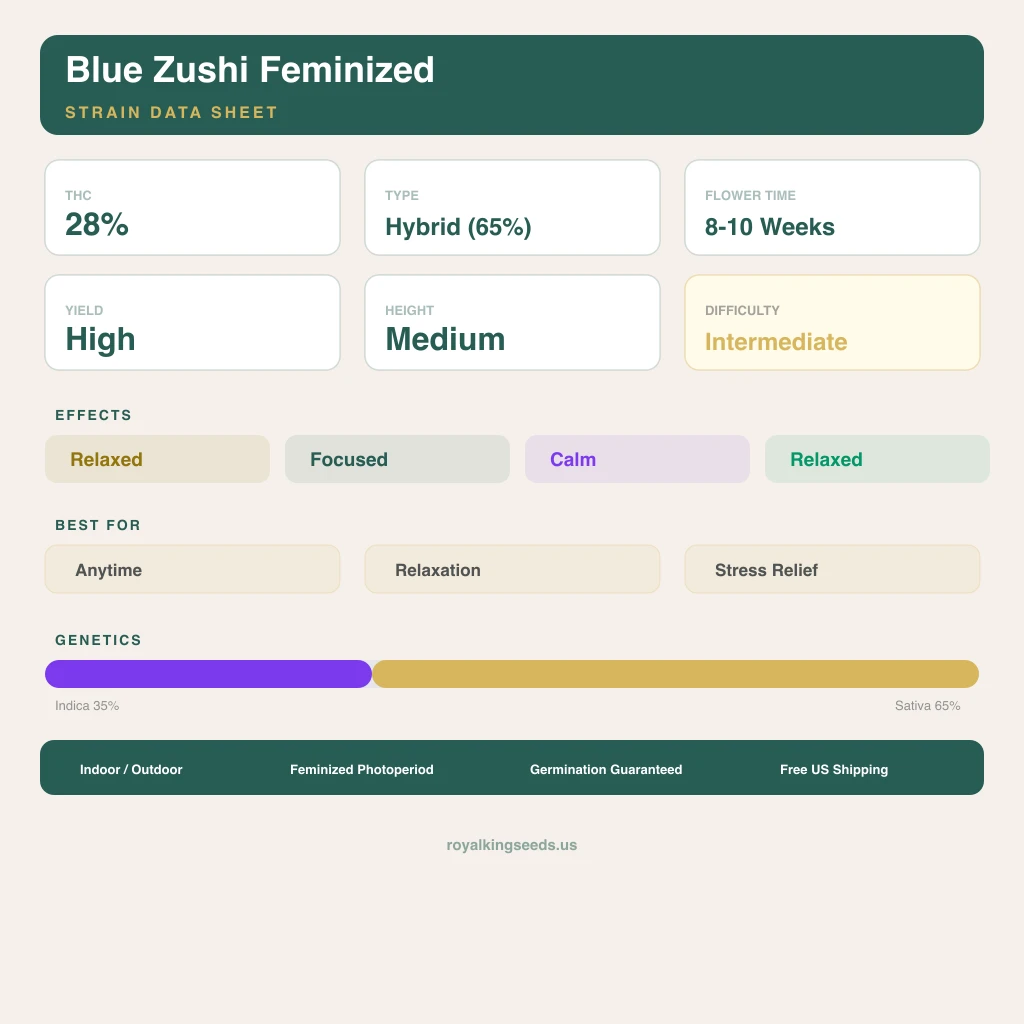 Blue Zushi 35% indica / 65% sativa flower with visible trichomes