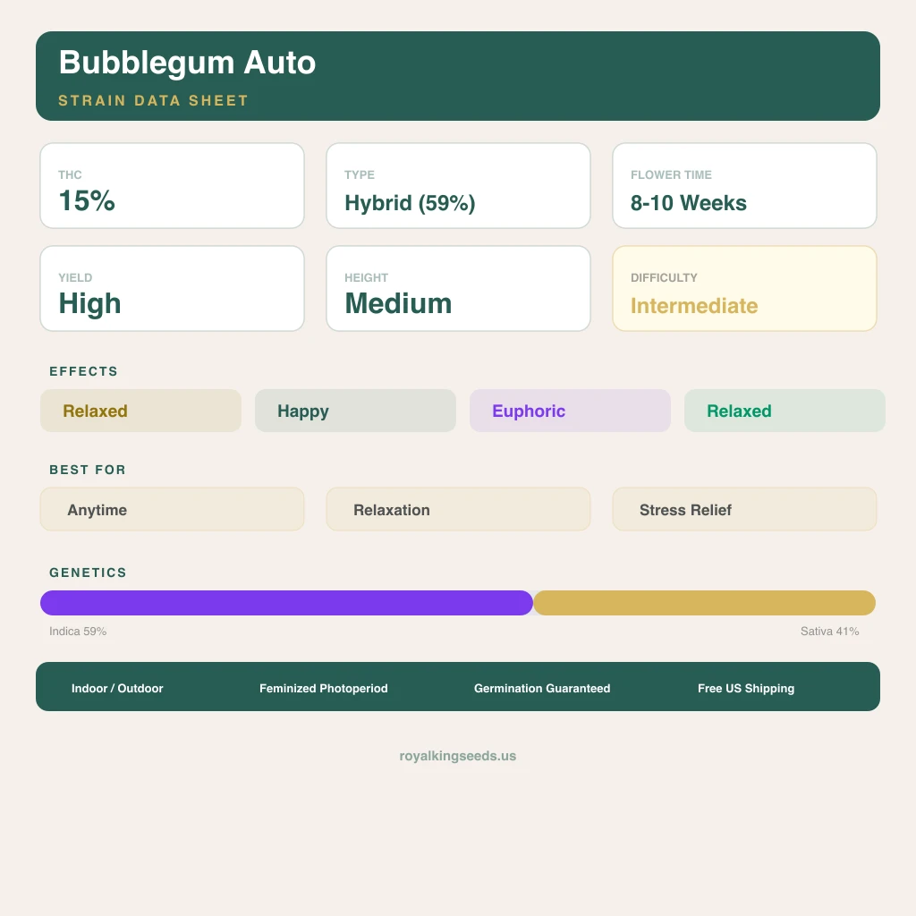 Bubblegum 59% indica / 41% sativa flower with visible trichomes