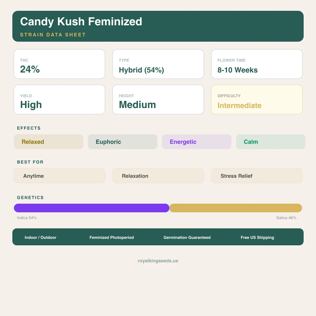 Candy Kush 54% indica / 46% sativa flower with visible trichomes