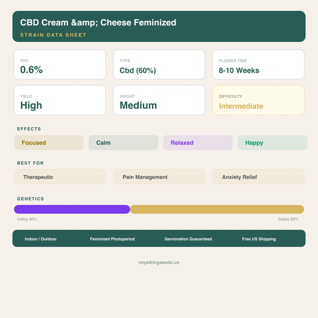 CBD Cream &amp; Cheese 40% indica / 60% sativa flower with visible trichomes