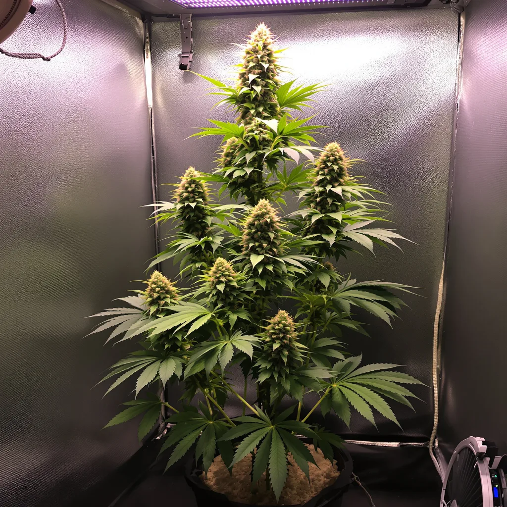 Durban Poison cannabis bud close-up showing lime-green airy structure