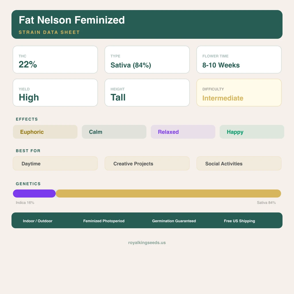 Fat Nelson 16% indica / 84% sativa flower with visible trichomes