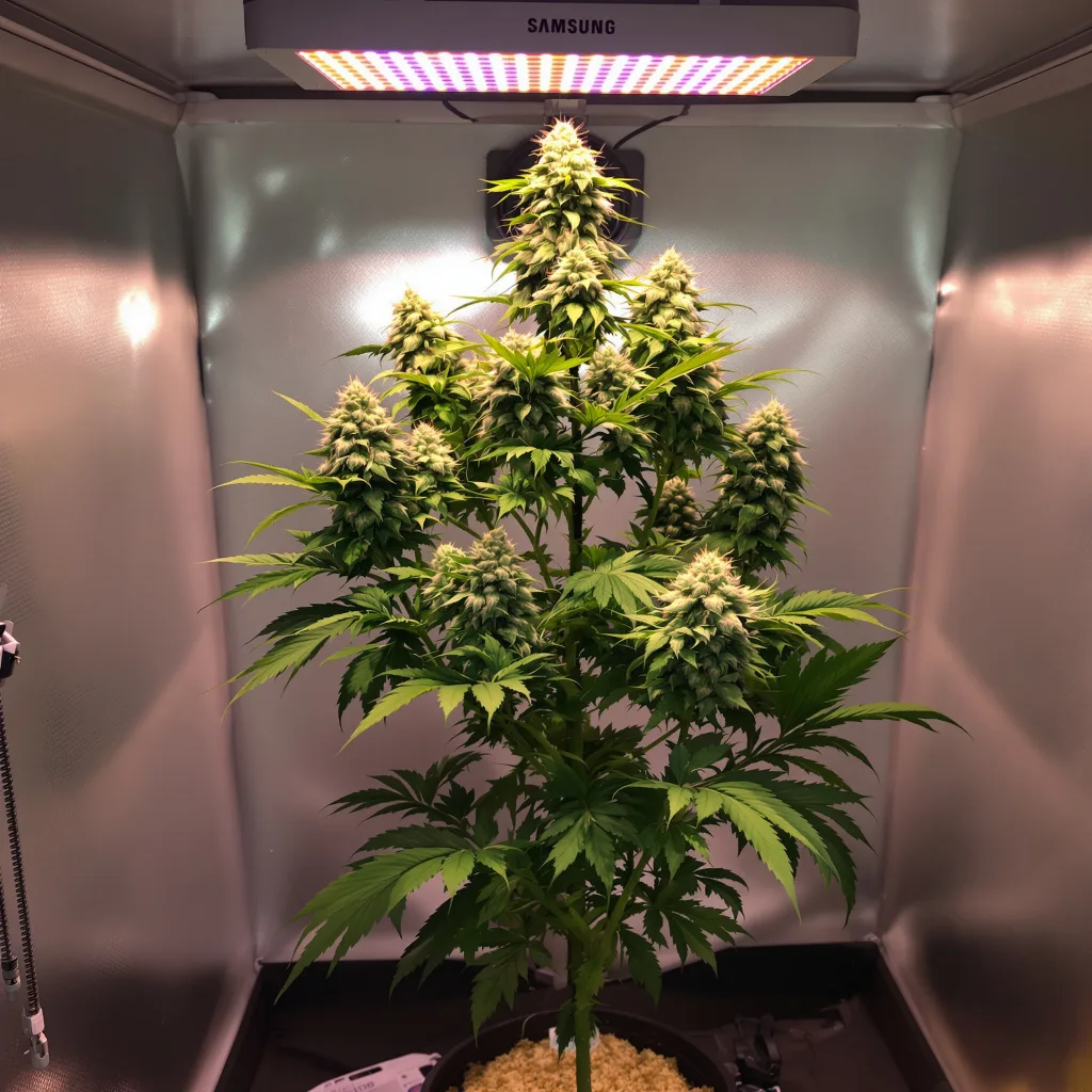 Fresh Powder 43% indica / 57% sativa flower with visible trichomes