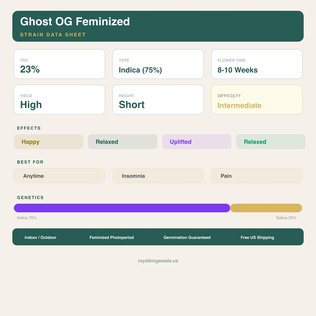 Ghost OG 75% indica / 25% sativa flower with visible trichomes
