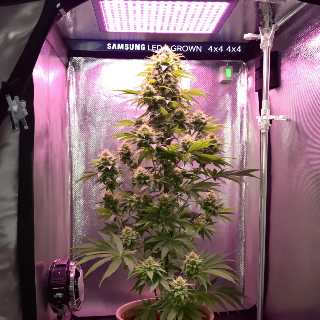 Ghost Train Haze cannabis bud close-up showing lime-green airy structure