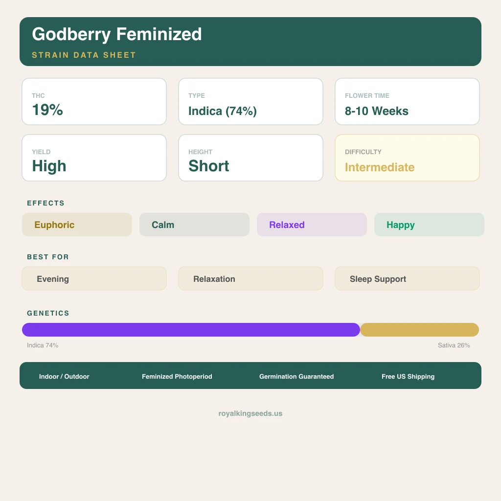 Godberry 74% indica / 26% sativa flower with visible trichomes