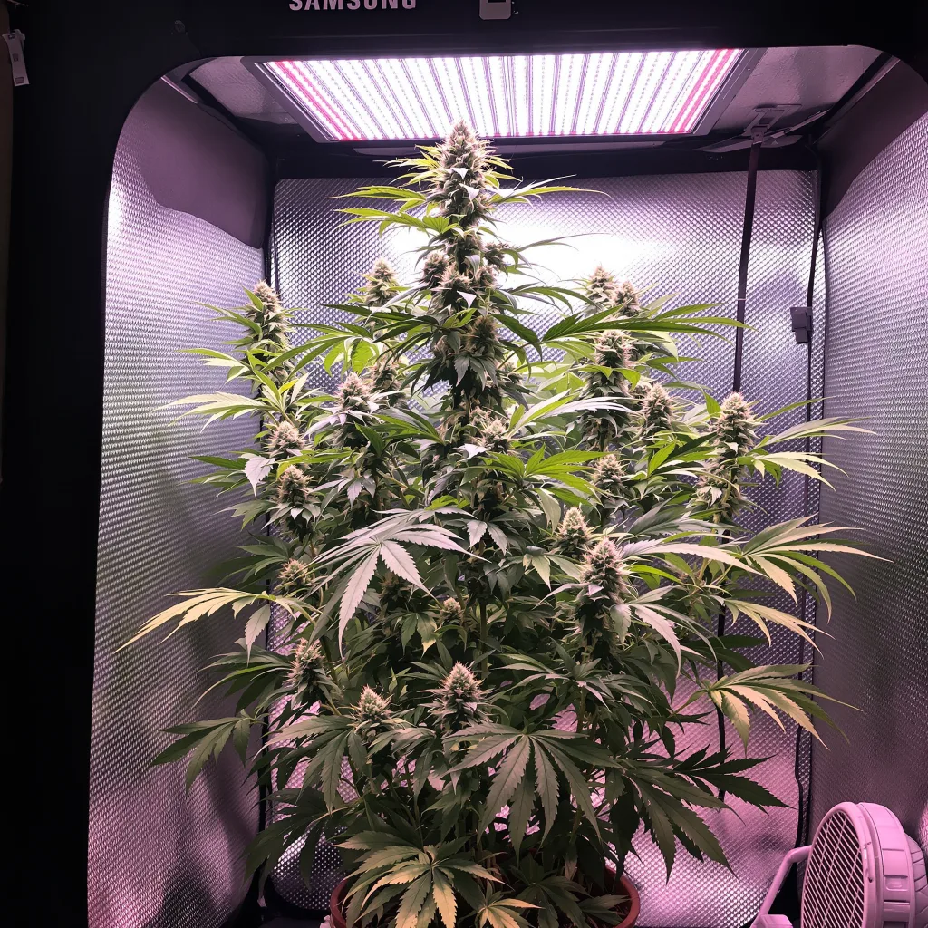Goji OG cannabis bud close-up showing lime-green airy structure