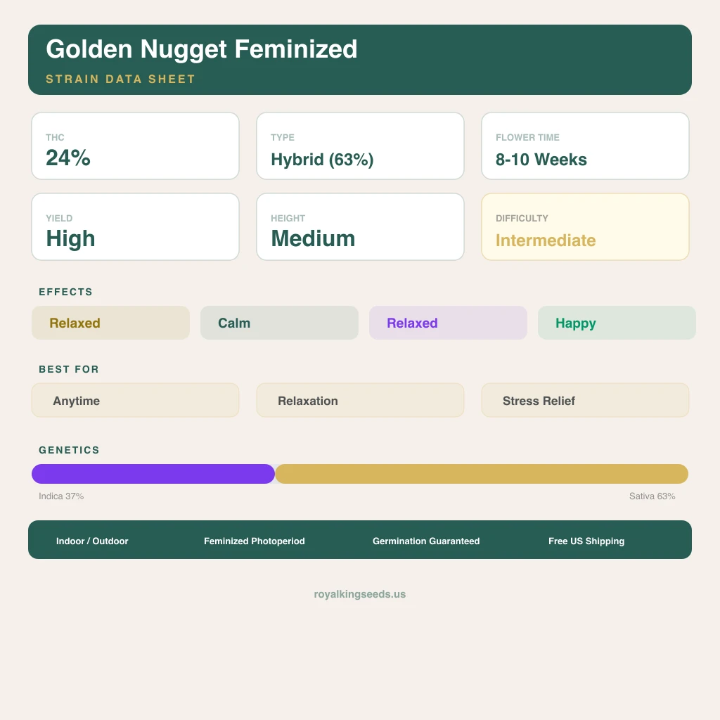 Golden Nugget 37% indica / 63% sativa flower with visible trichomes