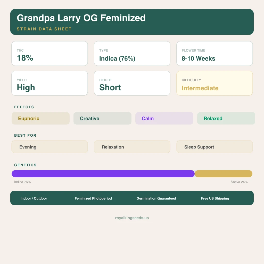 Grandpa Larry OG 76% indica / 24% sativa flower with visible trichomes