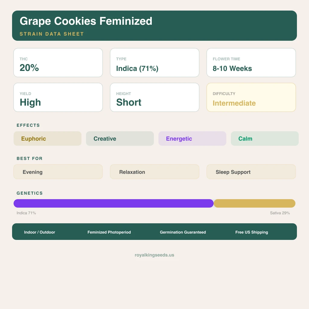 Grape Cookies 71% indica / 29% sativa flower with visible trichomes