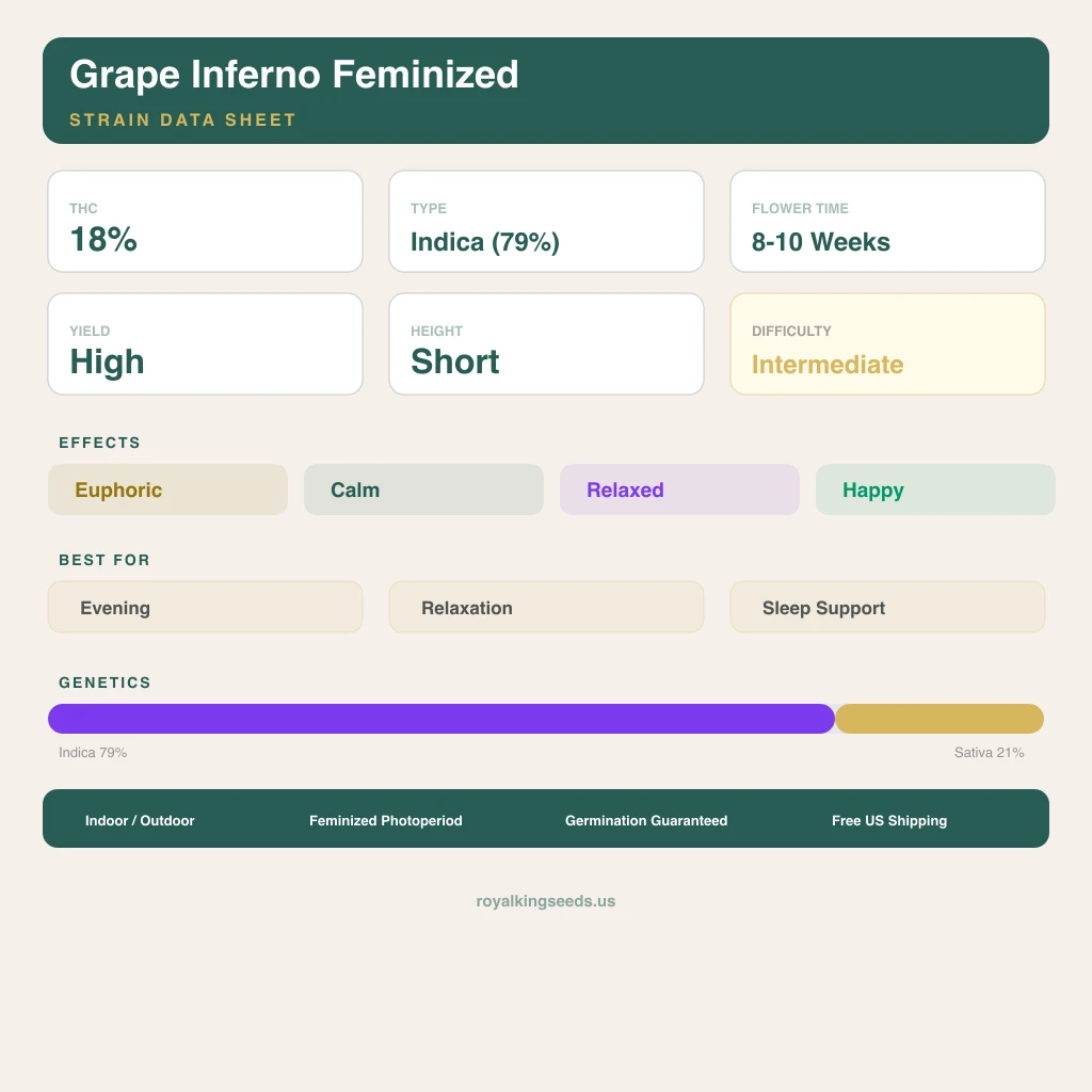 Grape Inferno 79% indica / 21% sativa flower with visible trichomes