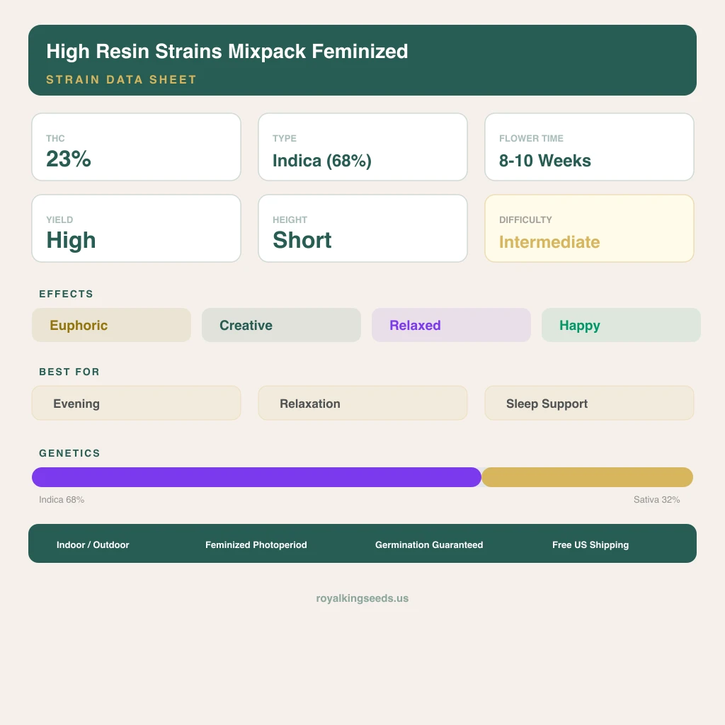 High Resin Strains Mixpack 68% indica / 32% sativa flower with visible trichomes