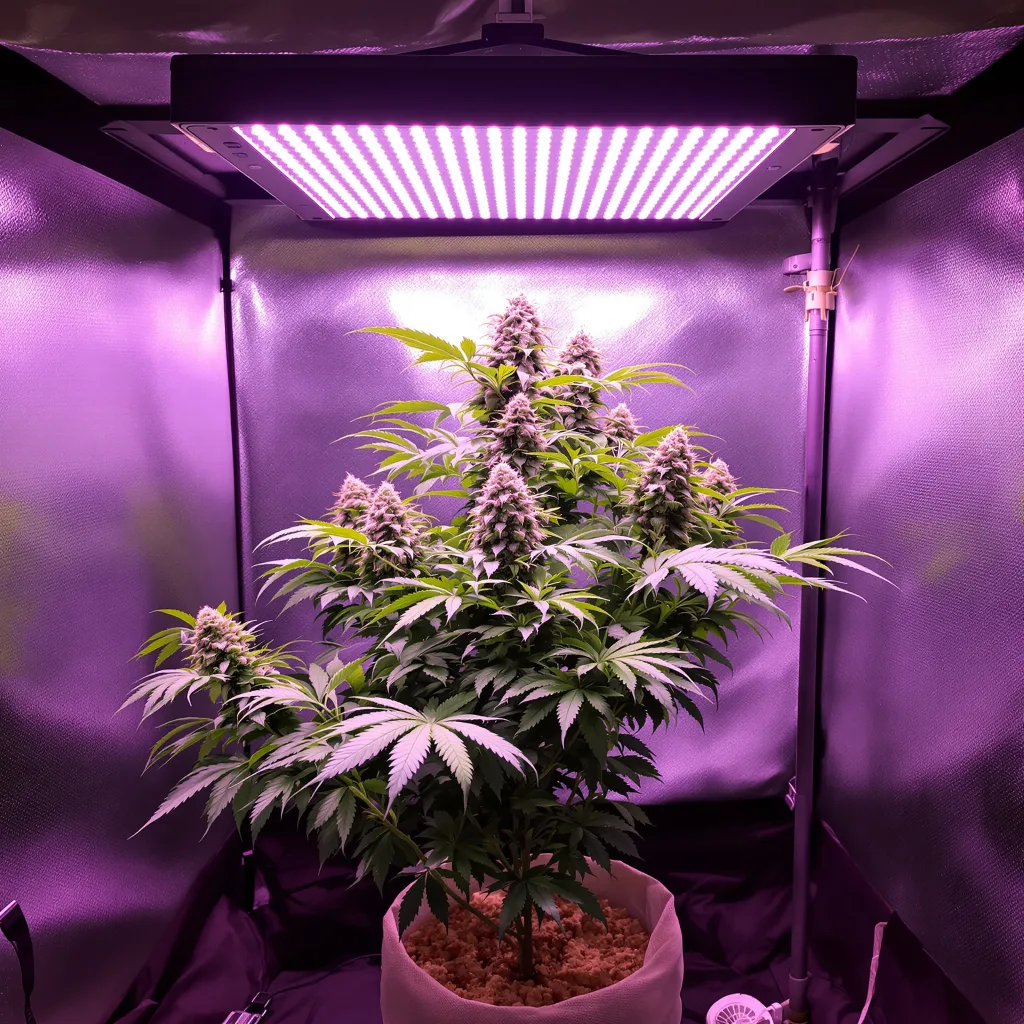 Lime Purple Mist 74% indica / 26% sativa flower with visible trichomes