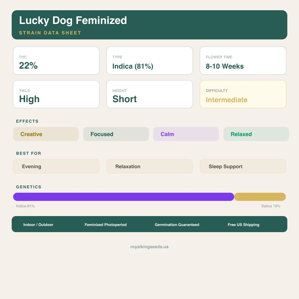 Lucky Dog 81% indica / 19% sativa flower with visible trichomes