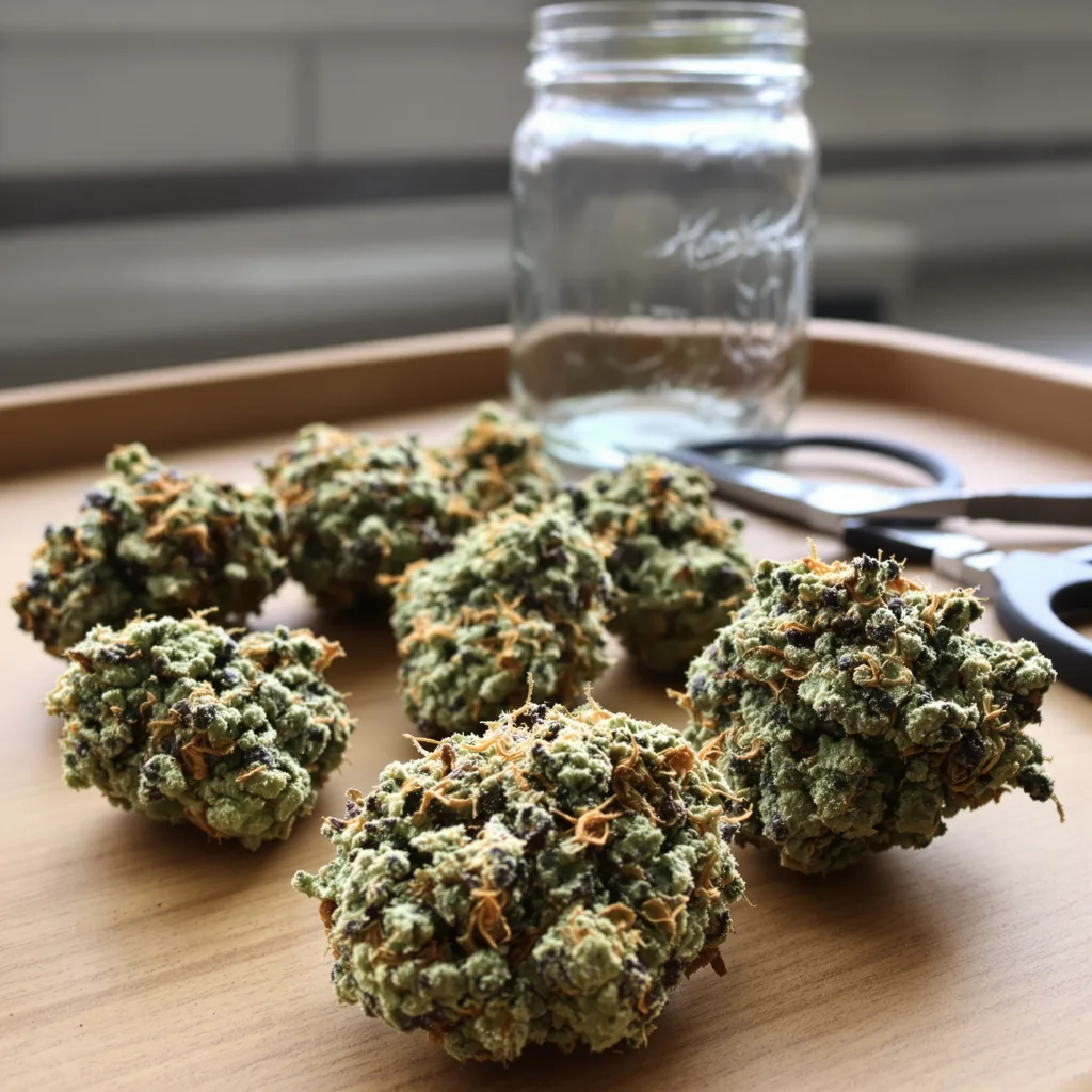 Michigan Poison 57% indica / 43% sativa flower with visible trichomes