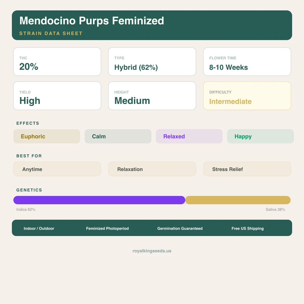 Mendocino Purps 62% indica / 38% sativa flower with visible trichomes