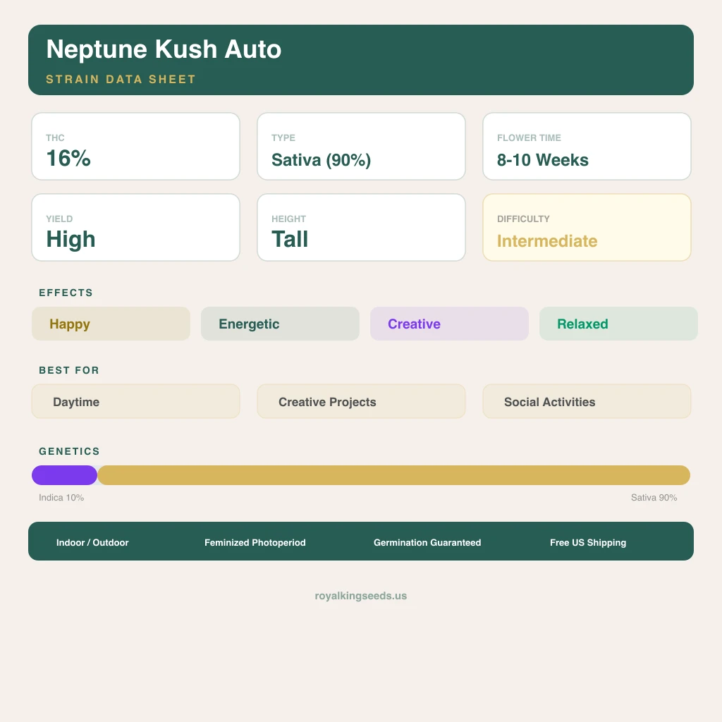 Neptune Kush 10% indica / 90% sativa flower with visible trichomes
