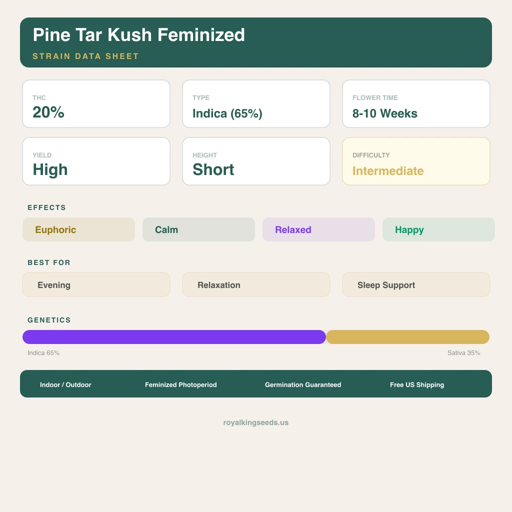 Pine Tar Kush 65% indica / 35% sativa flower with visible trichomes