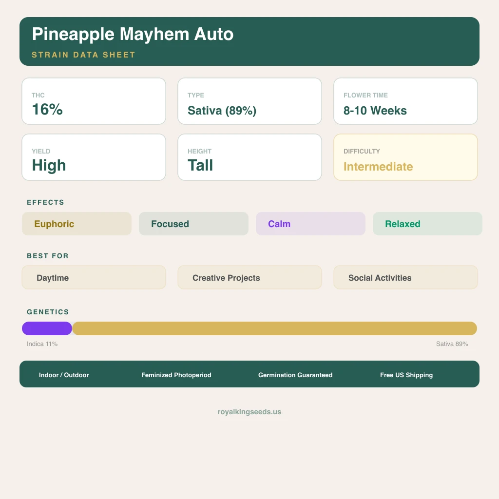 Pineapple Mayhem 11% indica / 89% sativa flower with visible trichomes