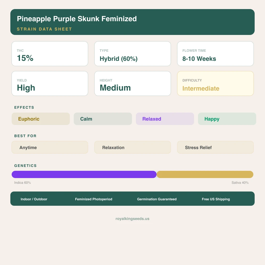 Pineapple Purple Skunk 60% indica / 40% sativa flower with visible trichomes