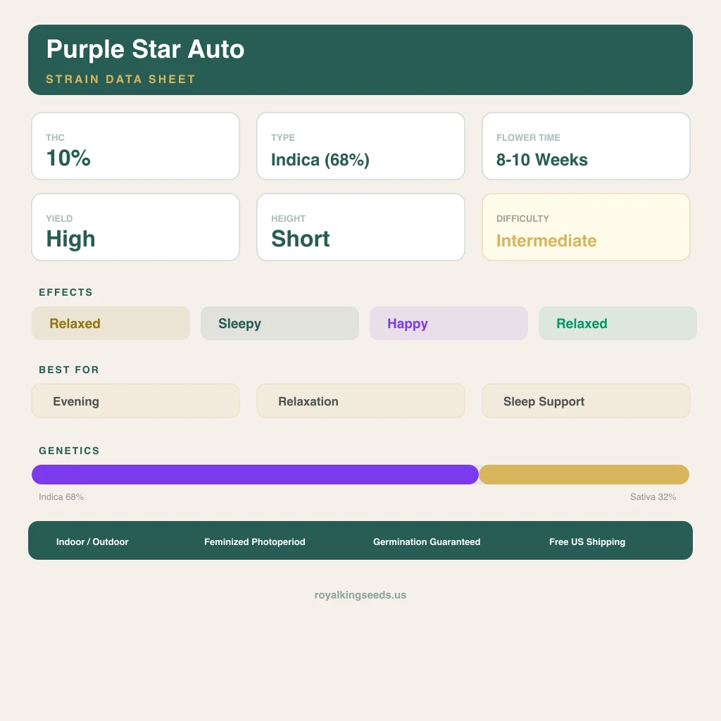 Purple Star 68% indica / 32% sativa flower with visible trichomes