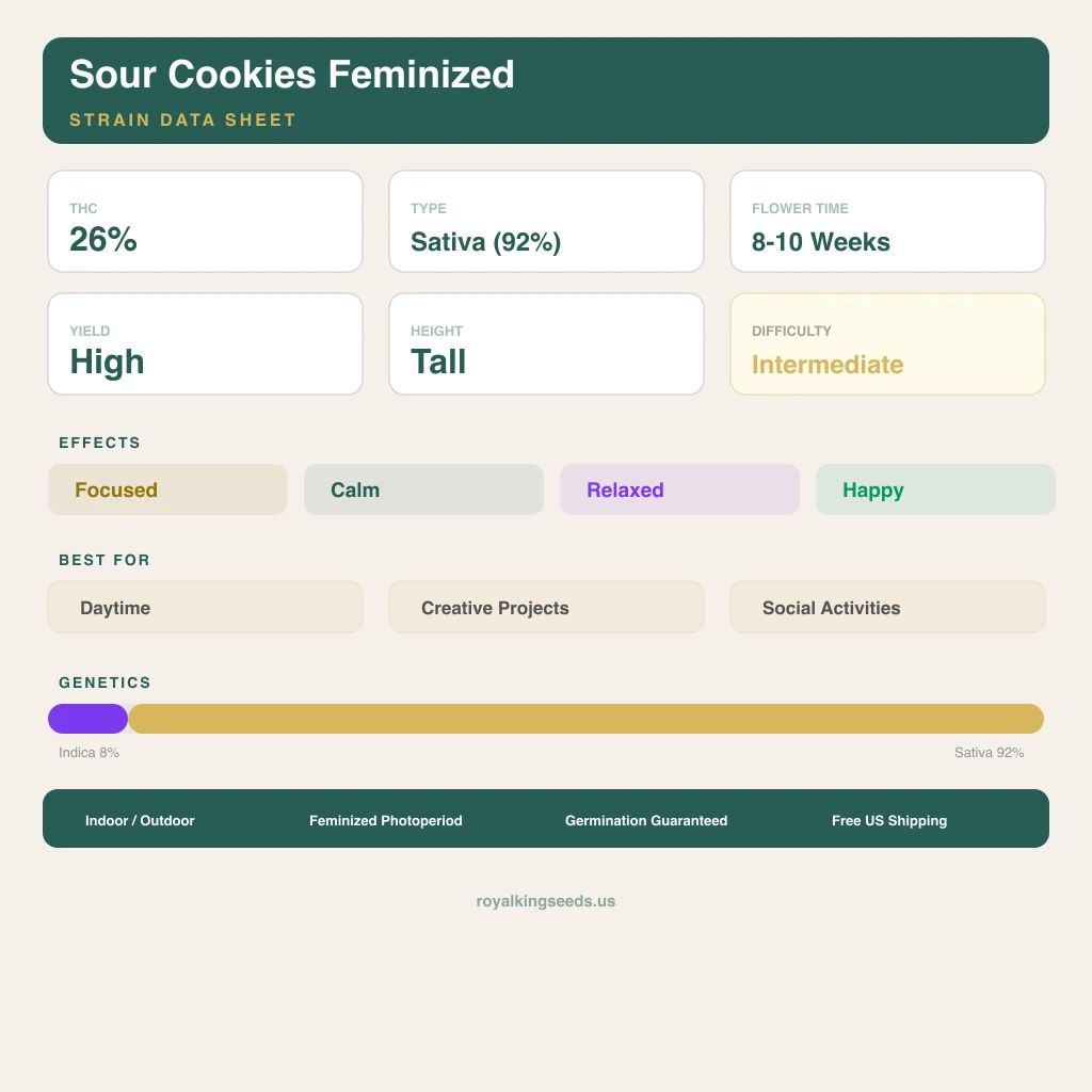 Sour Cookies 8% indica / 92% sativa flower with visible trichomes