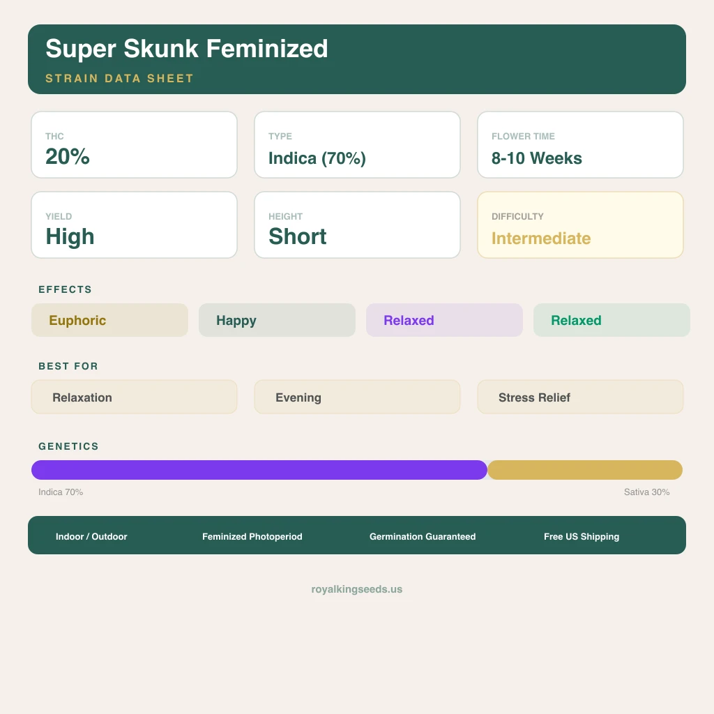 Super Skunk 70% indica / 30% sativa flower with visible trichomes