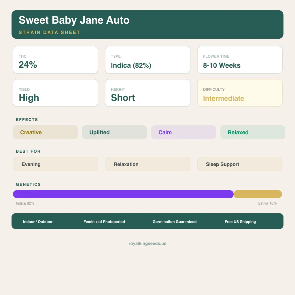 Sweet Baby Jane 82% indica / 18% sativa flower with visible trichomes