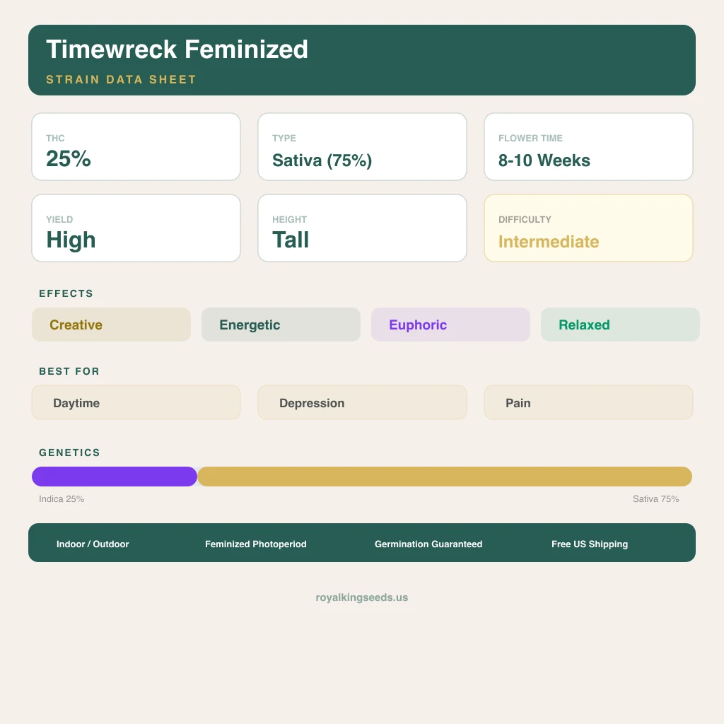 Timewreck 25% indica / 75% sativa flower with visible trichomes