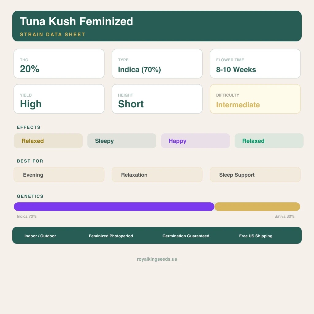 Tuna Kush 70% indica / 30% sativa flower with visible trichomes