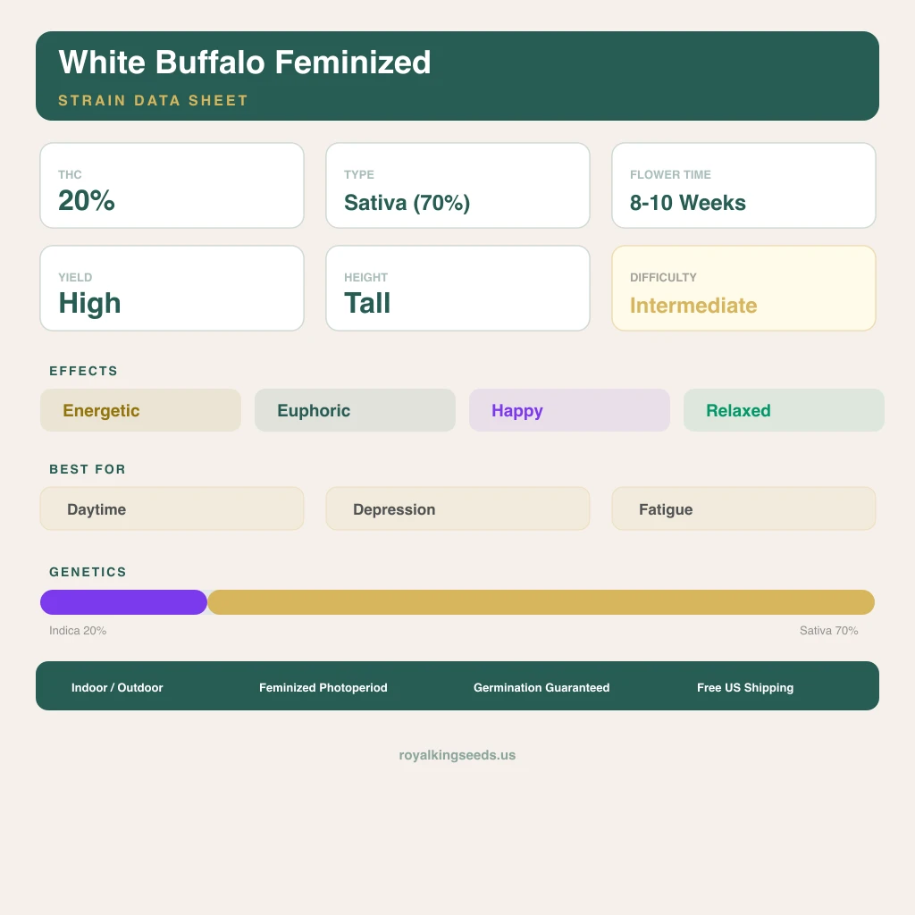 White Buffalo 20% indica / 70% sativa flower with visible trichomes