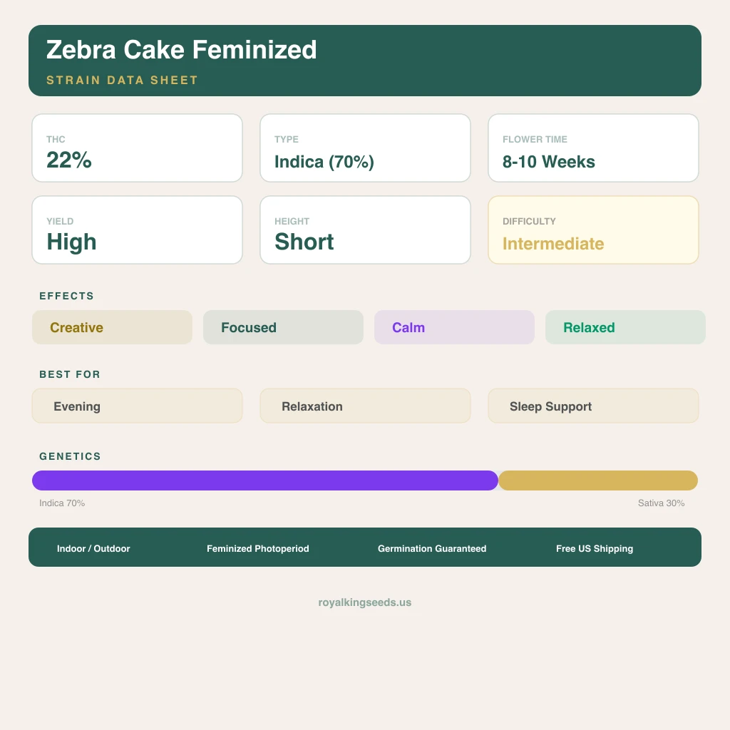 Zebra Cake 70% indica / 30% sativa flower with visible trichomes