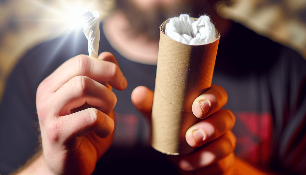 A hand holding a homemade sploof with dryer sheets