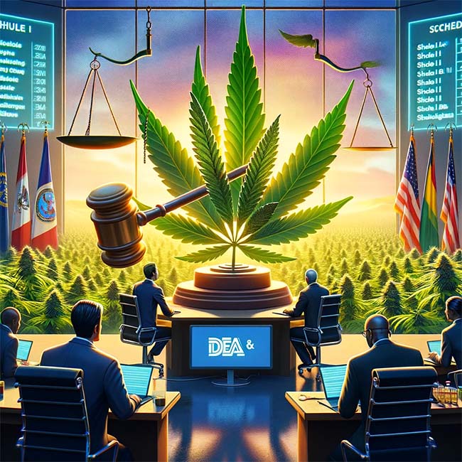 An illustrative depiction of a cannabis leaf being moved from one category to another symbolizing the DEAs potential rescheduling of mariju