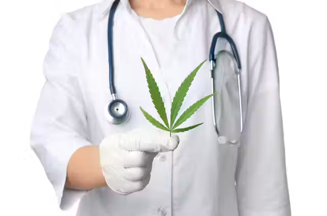 Doctor holding a cannabis leaf, representing medical consultation for cannabis-based treatments.
