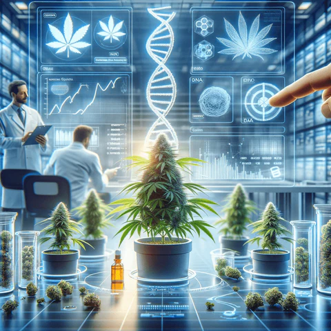 DALL E 2023 12 20 13.25.45 A realistic stock image representing Cannabis Genetics Breeding and Strain Development . The image should depict a scientific laboratory environment 480x480 1