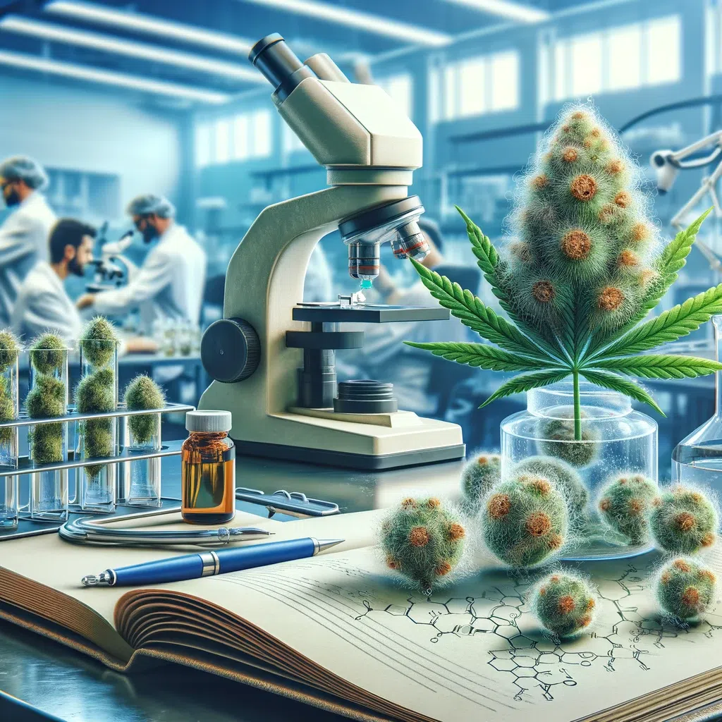 DALL·E 2023 12 22 10.44.15 A realistic image for the section CBD Terpenes Explained in a blog. The image shows a laboratory setting with various cannabis plants and a close up 1