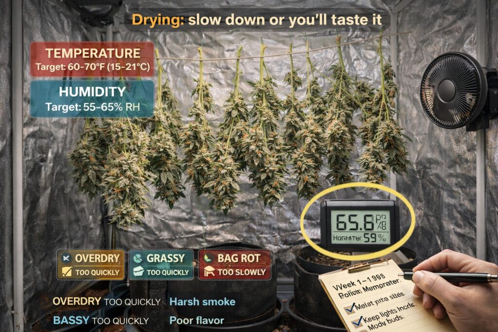 slow-dry approach for sticky cannabis buds